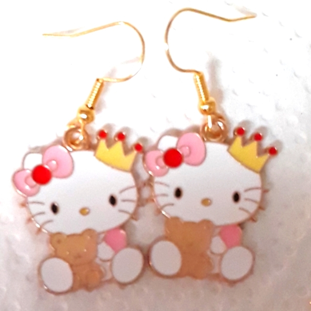 NEW Hello Kitty Princess Crown Dangle Earrings Gold Enamel Stainless JewelryNWT
